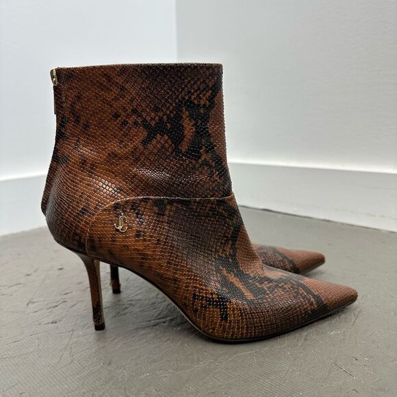 JIMMY CHOO Brown Leather Beyla 85 Snake-Effect Ankle Boots Pointed Toe Size 39 - Picture 1 of 14